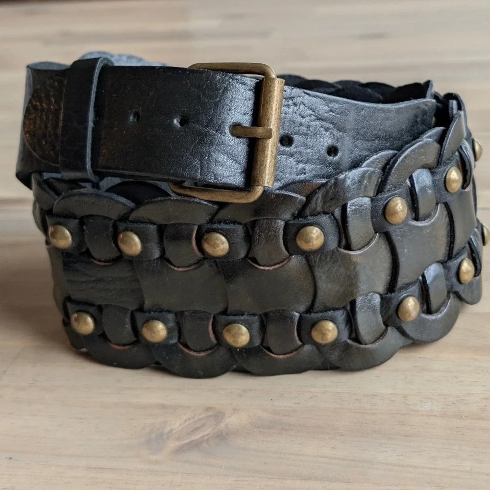 MOTIF 56 Black Leather Studded‎ Wide Waist Belt Boho Woven Women's Large
